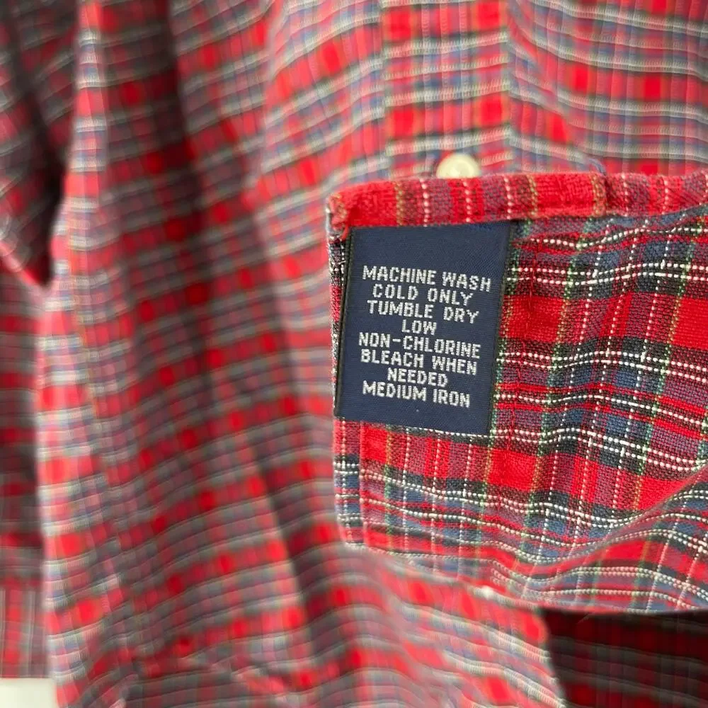 RALPH LAUREN Boys Button Down Shirt Size Medium Plaid Tartan 100% Cotton Red